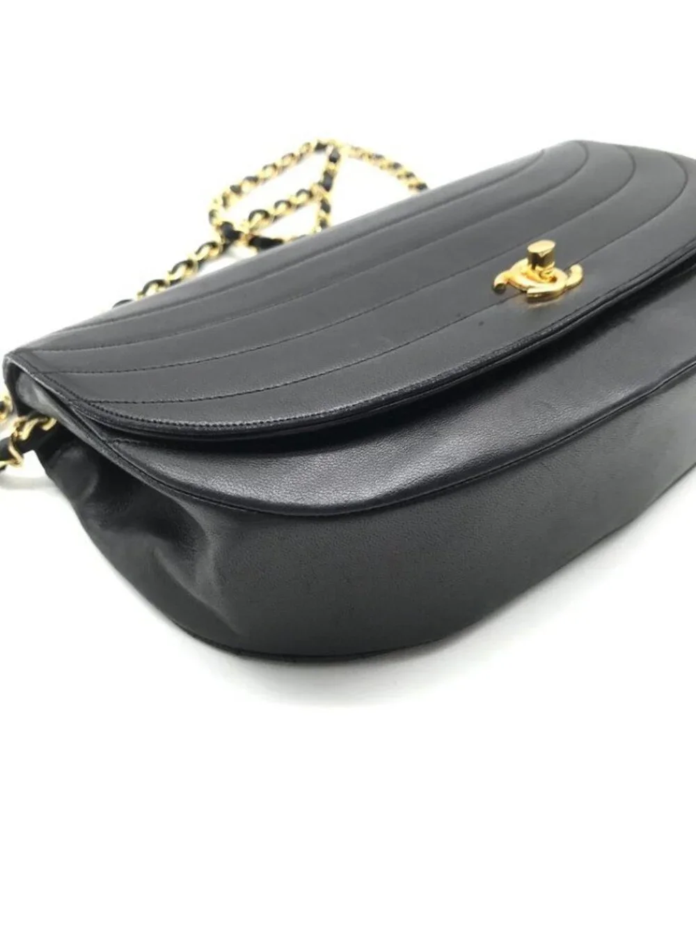 Chanel CC Logo Leather Half Moon Turnlock Chain Shoulder Bag Black
